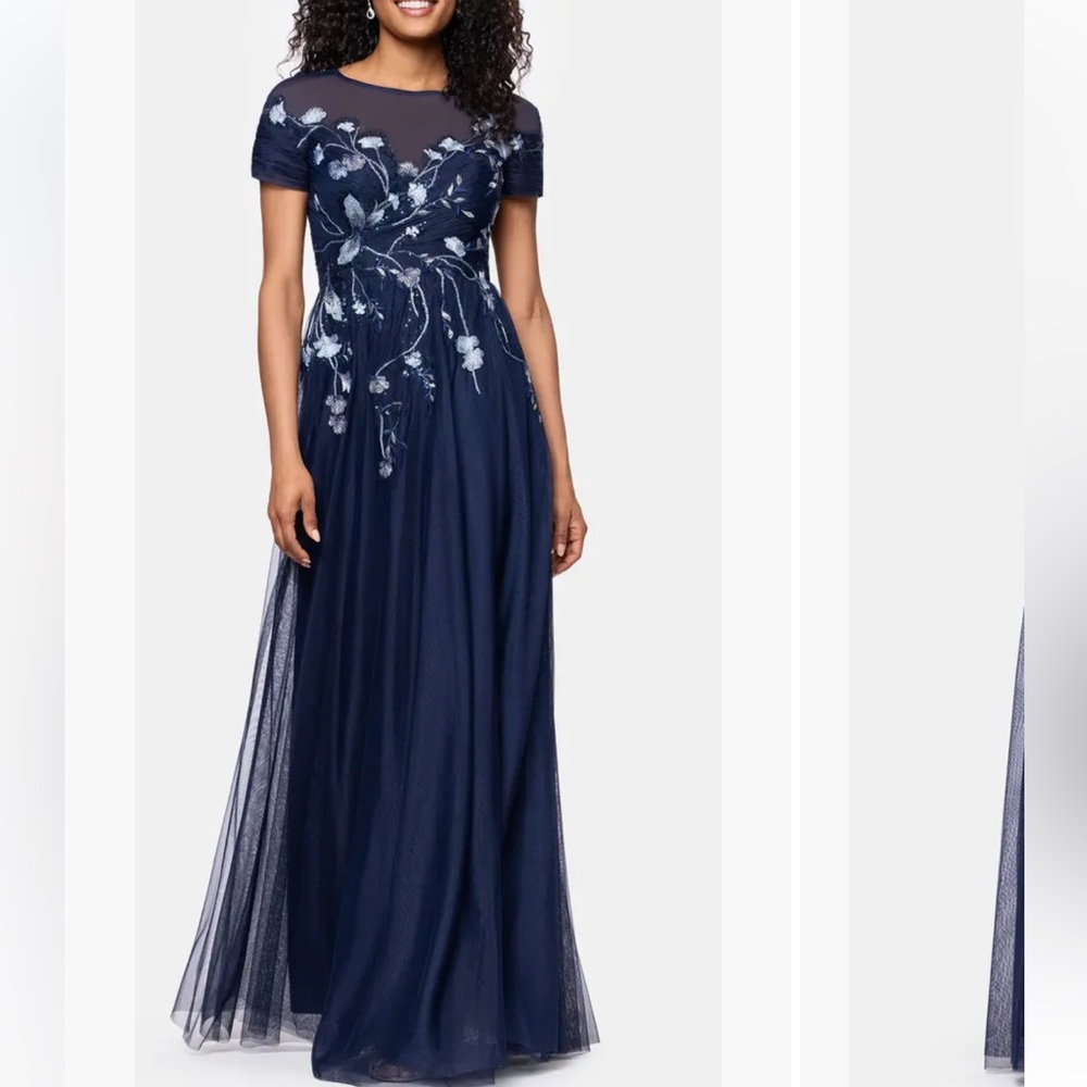 Betsy & Adam Mesh Short Sleeve Floral Sequin Embroidered A-Line Gown